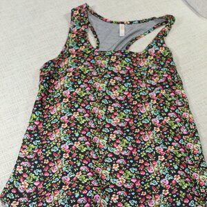 Xhilaration Navy Blue Floral and Striped Tank Top